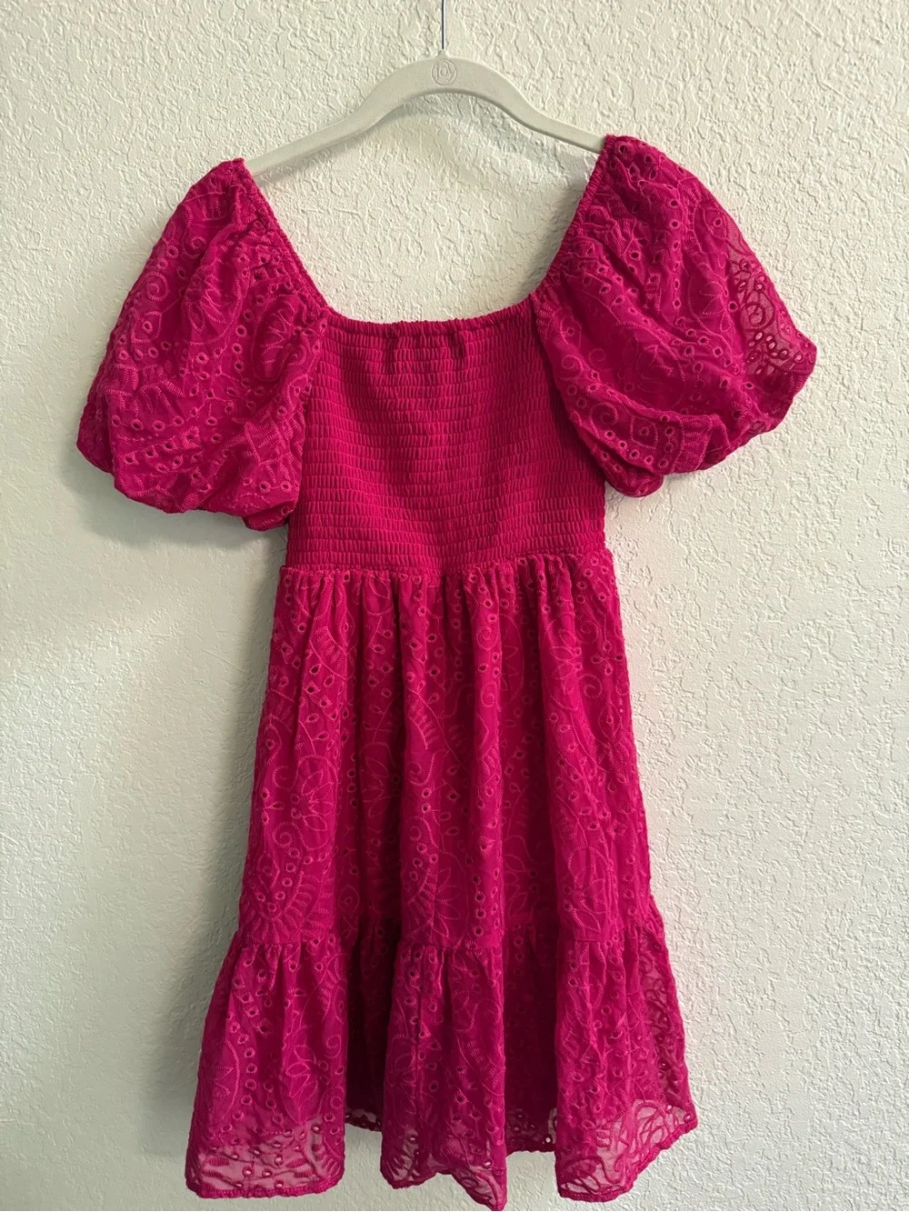 Juniors/Big Girls Bright Fuchsia Puff-Sleeve Eyelet Sundress
